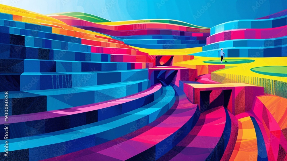 Poster abstract illustration of a golf course with geometric fairway patterns and minimalist club shapes us