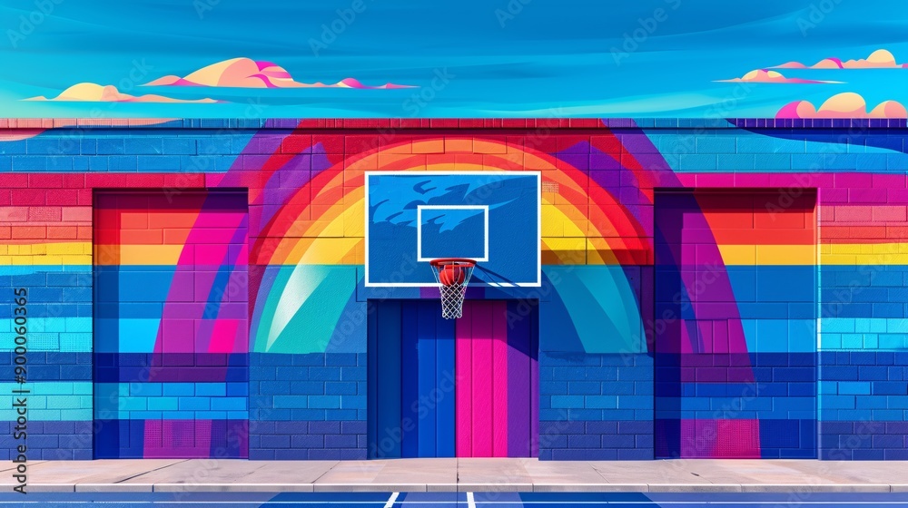 Poster cubist-style handball court with clean lines and circular goal patterns in vibrant blue and red colo