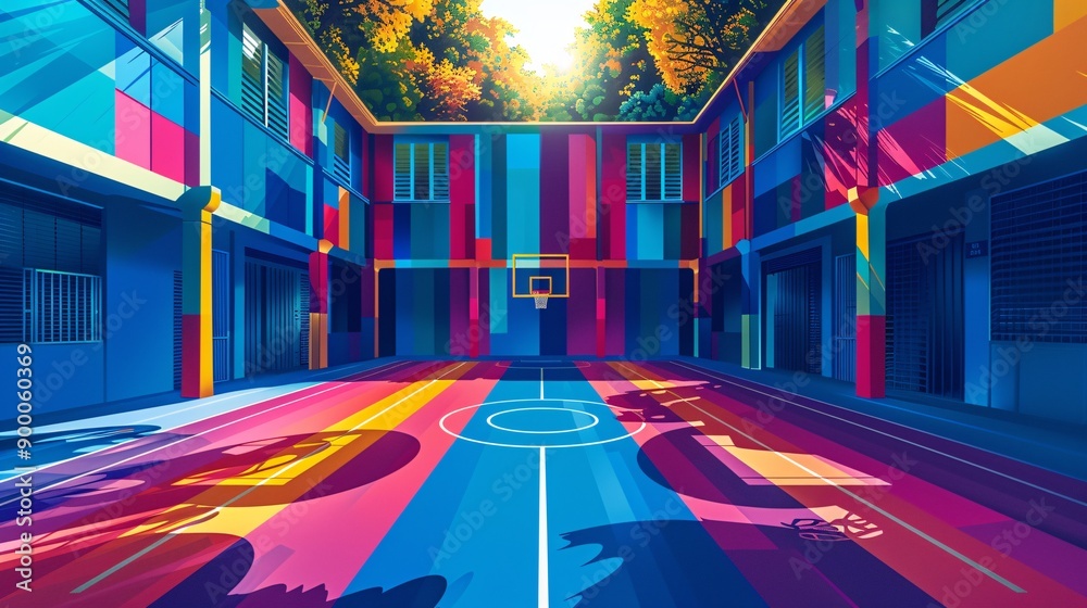 Poster Cubist-style handball court with clean lines and circular goal patterns in vibrant blue and red colors Stock Photo with copy space