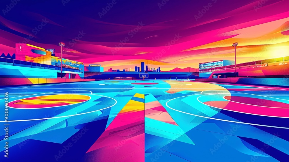 Poster Cubist-style handball court with clean lines and circular goal patterns in vibrant blue and red colors Stock Photo with copy space