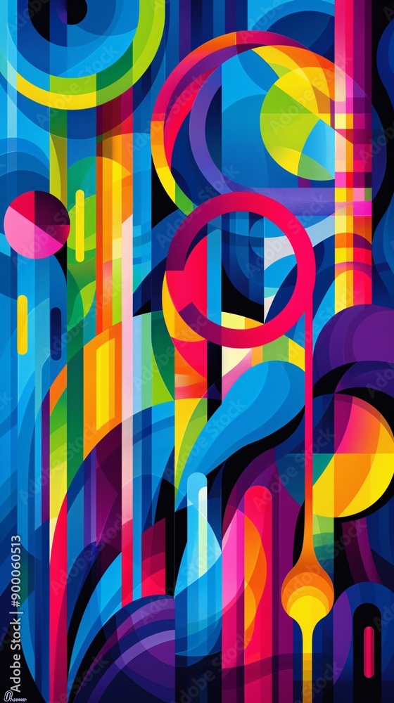 Poster abstract cubist-style depiction of artistic gymnastics apparatus such as rings, bars, and beams in v