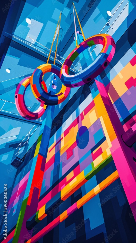 Poster abstract cubist-style depiction of artistic gymnastics apparatus such as rings, bars, and beams in v
