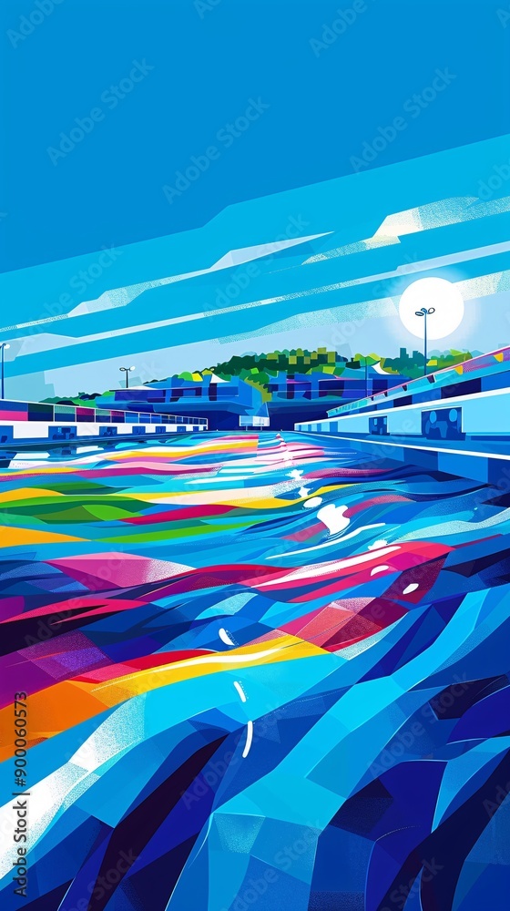Aufkleber Geometric illustration of synchronized swimming pools with artistic water patterns in fluid wave-like shapes using bright blue and green tones Stock Photo with copy space