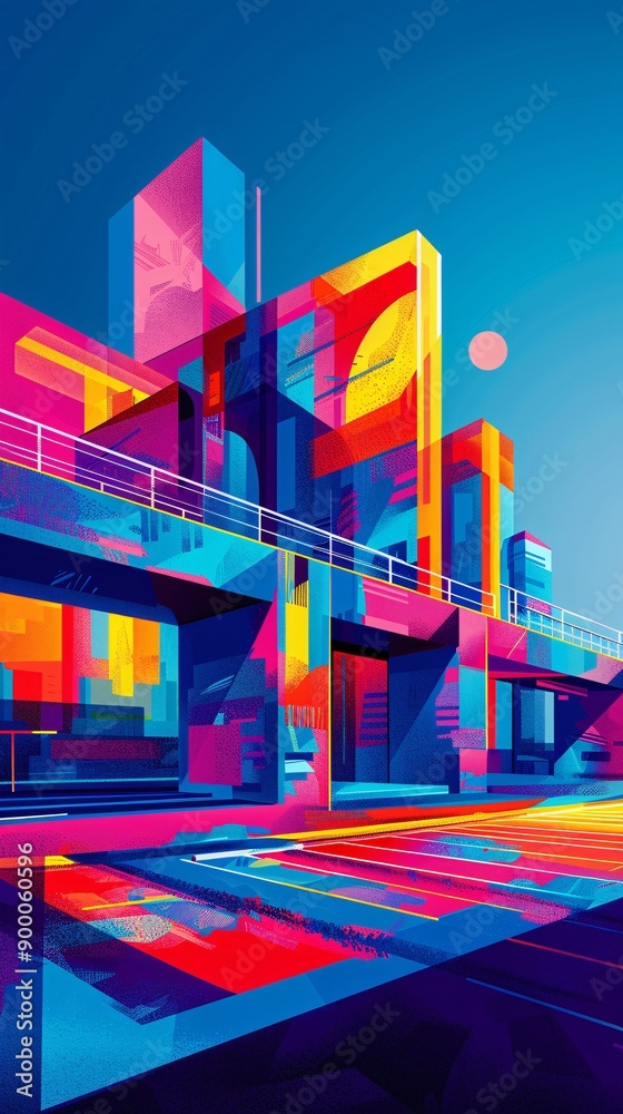 Aufkleber Minimalist depiction of a track and field setup featuring hurdles, javelins, and starting blocks with geometric patterns and vibrant red and purple colors Stock Photo with copy space