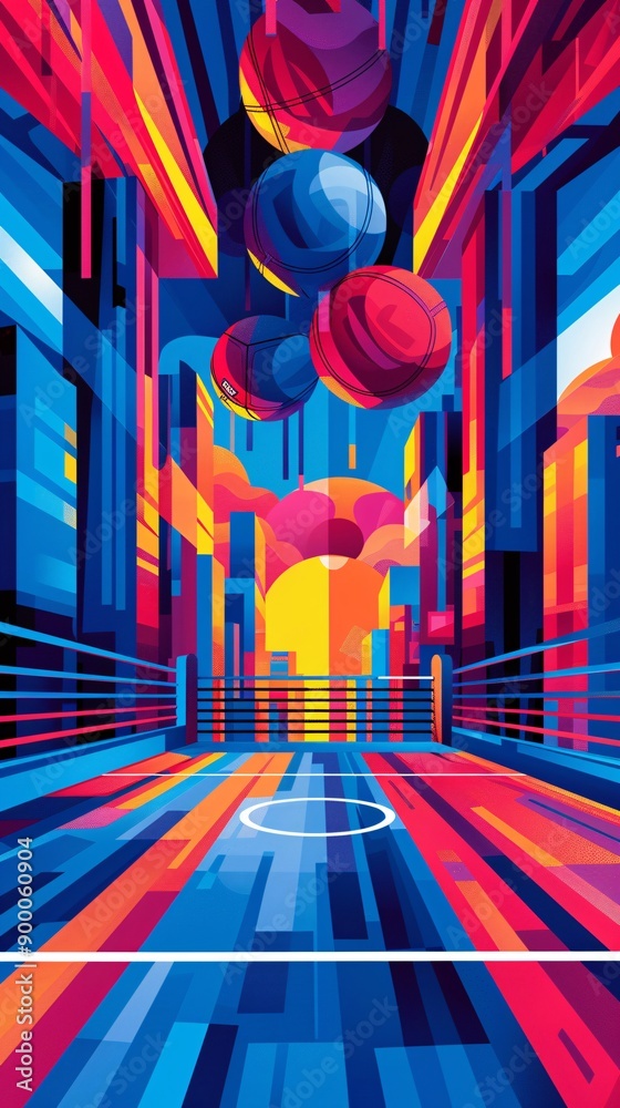 Poster Cubist-style boxing ring with square rings and circular gloves in minimalist red and blue color scheme Stock Photo with copy space