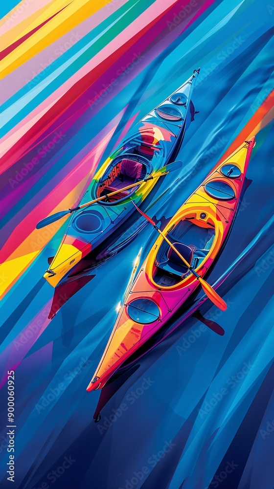 Poster Abstract representation of canoe and kayak on water with sleek boat shapes and wave patterns in bright green and purple tones Stock Photo with copy space