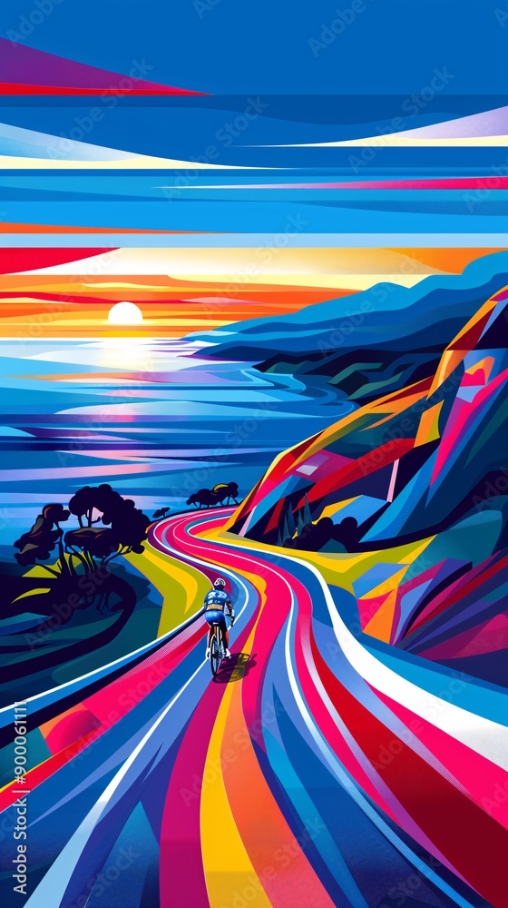 Poster Minimalist geometric illustration of a cycling track with bikes in curved and streamlined forms using vibrant red and blue colors Stock Photo with copy space