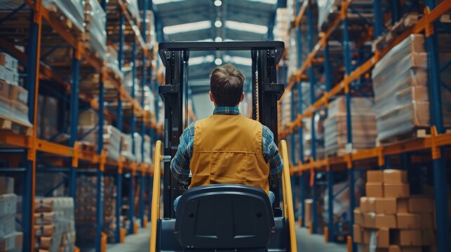 Back view of a warehouse worker operating a forklift