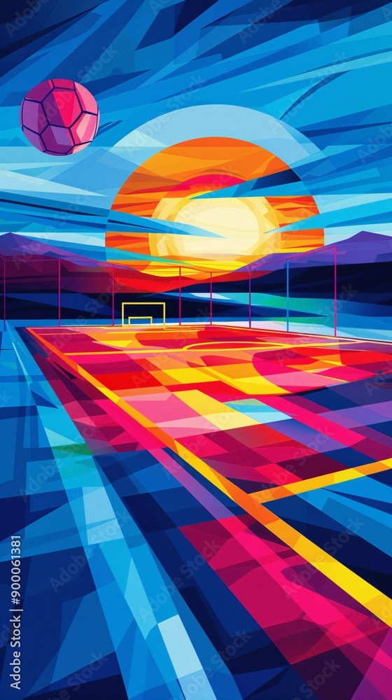 Aufkleber geometric representation of a football field with simple lines and ball shapes in bright red and blu