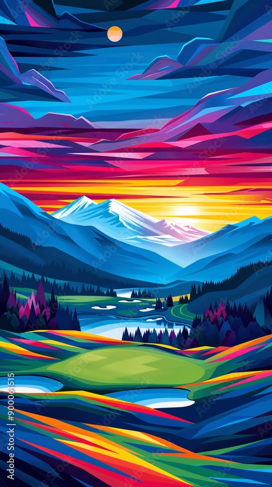 Poster abstract illustration of a golf course with geometric fairway patterns and minimalist club shapes us