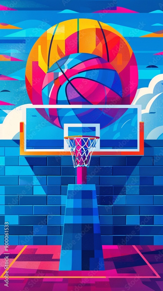 Poster Cubist-style handball court with clean lines and circular goal patterns in vibrant blue and red colors Stock Photo with copy space