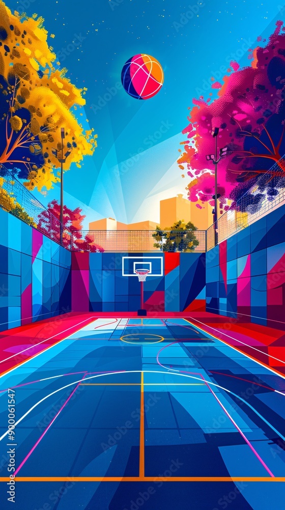 Poster cubist-style handball court with clean lines and circular goal patterns in vibrant blue and red colo