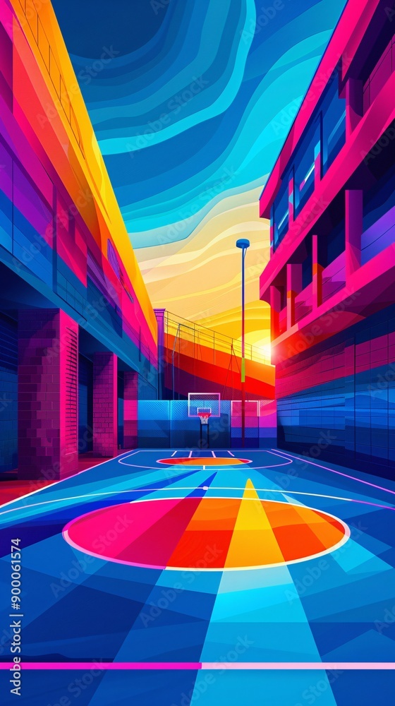 Poster Cubist-style handball court with clean lines and circular goal patterns in vibrant blue and red colors Stock Photo with copy space