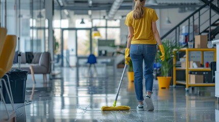 Back view of a cleaning staff member mopping the floor in an office building