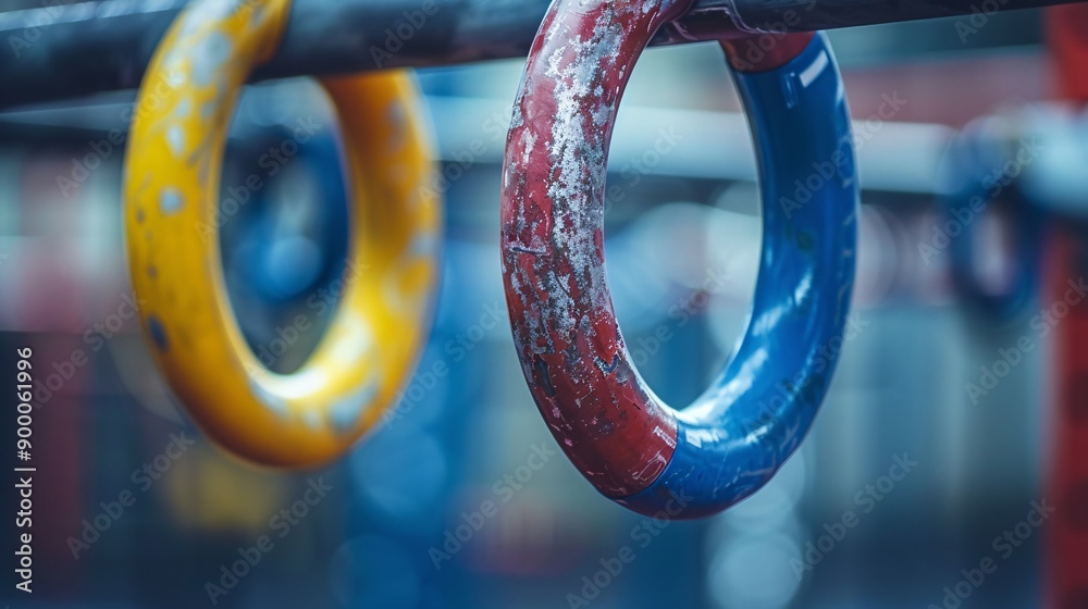 Poster cubist-style artistic gymnastics apparatus including rings, bars, and beams with a focus on clean li