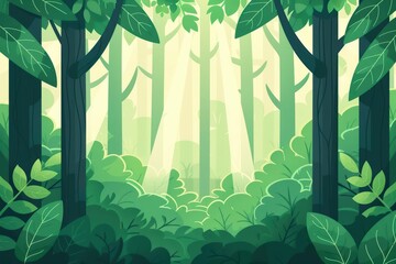 Obraz premium The Arbor Day post card mock up concept celebrates trees and conservation, sunlight filtering through the verdant forest and tree illustrations, banner, with copy space