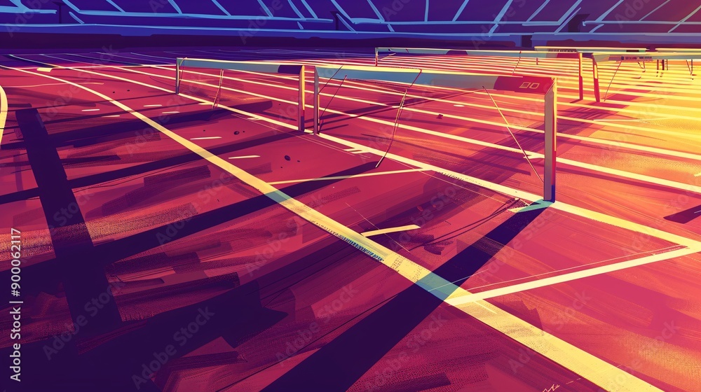 Aufkleber geometric illustration of a track and field with streamlined equipment like hurdles and javelins, us