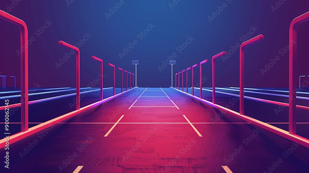 Poster Geometric illustration of a track and field with streamlined equipment like hurdles and javelins, using bright red and purple hues Stock Photo with copy space