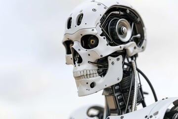 Fototapeta premium Robotic head adorned with floral elements symbolizing the fusion of technology and nature in a unique and artistic design