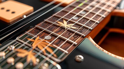 Close-Up of Guitar Fretboard with Cannabis Leaf Design