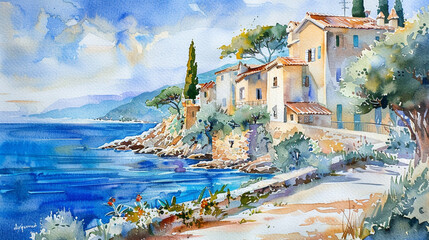 watercolor painting of a seaside village