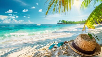 Obraz premium Tropical beach with sunbathing accessories, summer holiday background