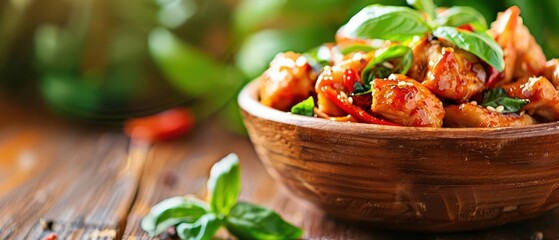 The Thai Basil Chicken style podium bursts with aromatic and flavorful elements, sunlight filtering across the fresh, colorful accents, banner, with copy space