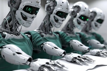 Fototapeta premium Row of surgical robots in an operating room symbolizing advanced technology and precision in modern medicine