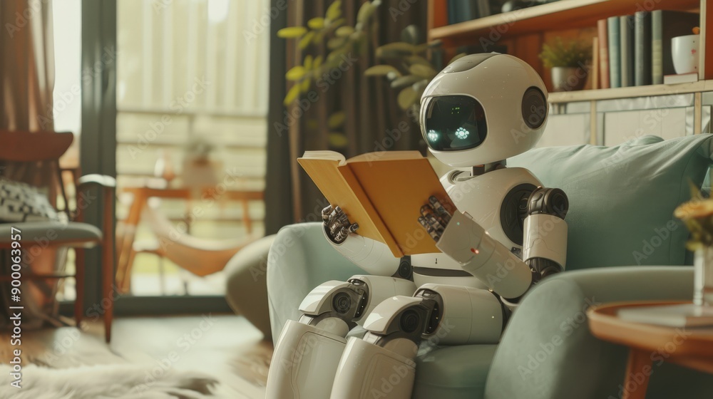 Aufkleber humanoid robot reading a book on a sofa in a cozy living room. advanced ai enjoying leisure time in 