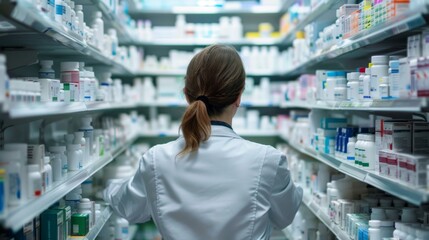 Fototapeta premium Back view of a pharmacist organizing medication on shelves in a pharmacy
