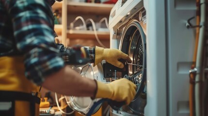 Back view of a repair technician fixing a broken appliance in a customer's home