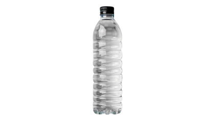 A clear bottle of water sits on a white background