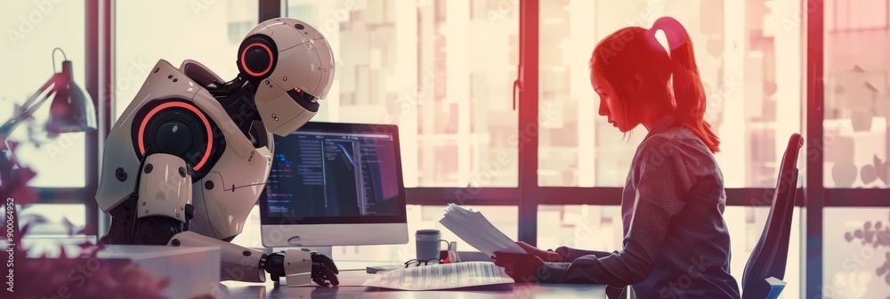 Aufkleber robot and young woman collaborating at a modern desk with city views. futuristic workplace with ai i