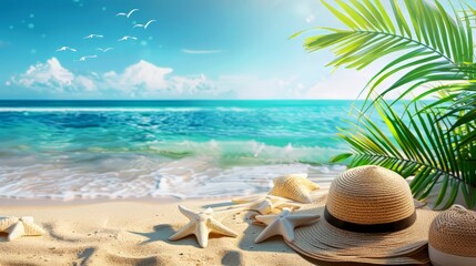 Tropical beach with sunbathing accessories, summer holiday background