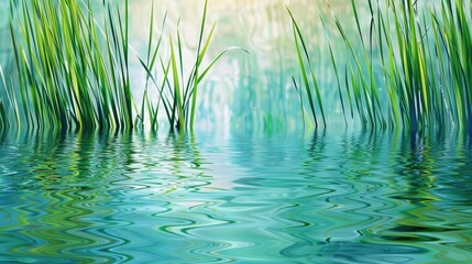 Obraz premium Abstract natural background with green reeds reflecting in blue lake water