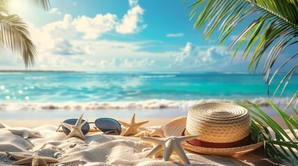 Obraz premium Tropical beach with sunbathing accessories, summer holiday background