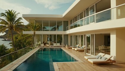 Exterior and interior design showing tropical pool villa with green garden. home or house building 10