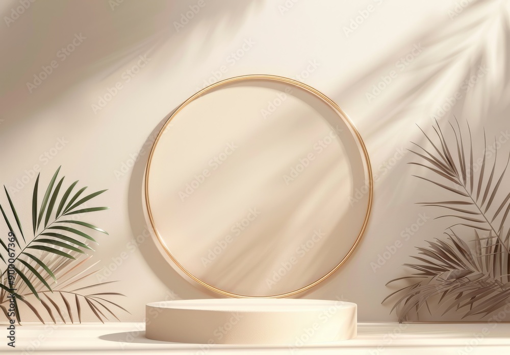 Wall mural Elegant product display with golden ring and tropical leaves on podium. 3D Rendering Mock up