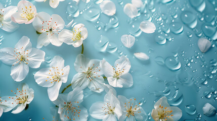 Floating Spring Flowers on a Blue Background.