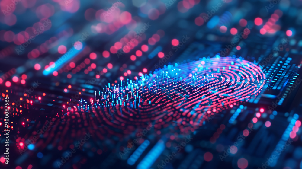 Fototapete biometrics identity verification symbolized by a singular stylized fingerprint against a seamless di