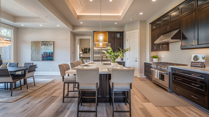 Beautiful kitchen in luxury modern contemporary home interior with island and chairs