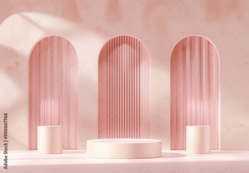 Wall mural Minimalistic product presentation podiums on pastel pink background. 3D Rendering Mock up