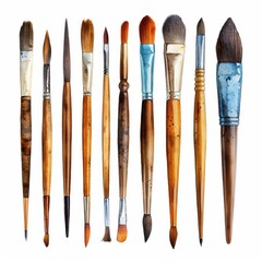 Artist's Essential: Watercolor Style Art Brushes Set on White Background