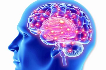 Obraz premium Blue Head Silhouette with Glowing Pink Brain and Digital Network Connections