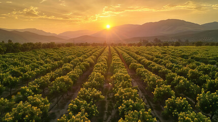 Almond orchards, between rows, in the spring. Almond trees.