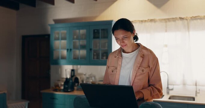 Remote work from home, laptop and woman on a table, internet and copywriting with email, project and planning. Freelancer, kitchen and agent with computer, connection and startup with website design