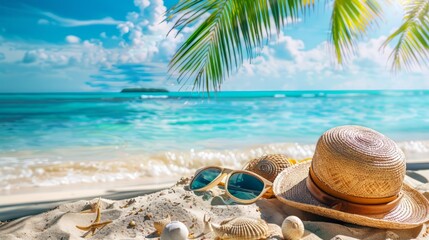 Obraz premium Tropical beach with sunbathing accessories, summer holiday background