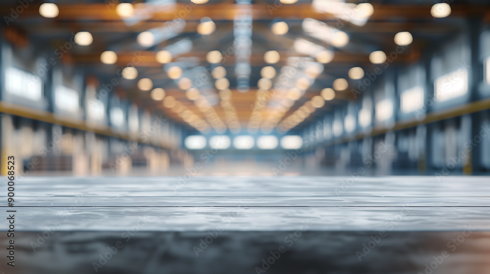 Poster Blurred industrial warehouse background with bokeh lights and an empty table surface, ideal for product display or industrial themes.