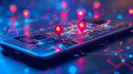 Digital cityscape on smartphone with location pins and map, mobile app concept, digital marketing, big data network, futuristic style