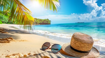 Obraz premium Tropical beach with sunbathing accessories, summer holiday background